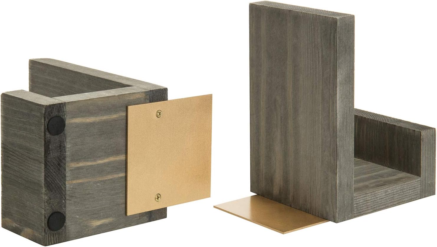 MyGift Vintage Gray Solid Wood Bookends - Office Desk Decorative Book Stands with L-Shaped Design and Brass-Tone Metal Supports, 1-Pair : Home & Kitchen
