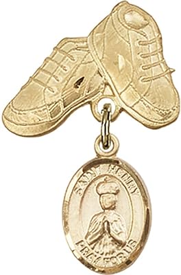 14kt Yellow Gold Baby Badge with St. Henry II Charm and Baby Boots Pin 1 X 5/8 inches
