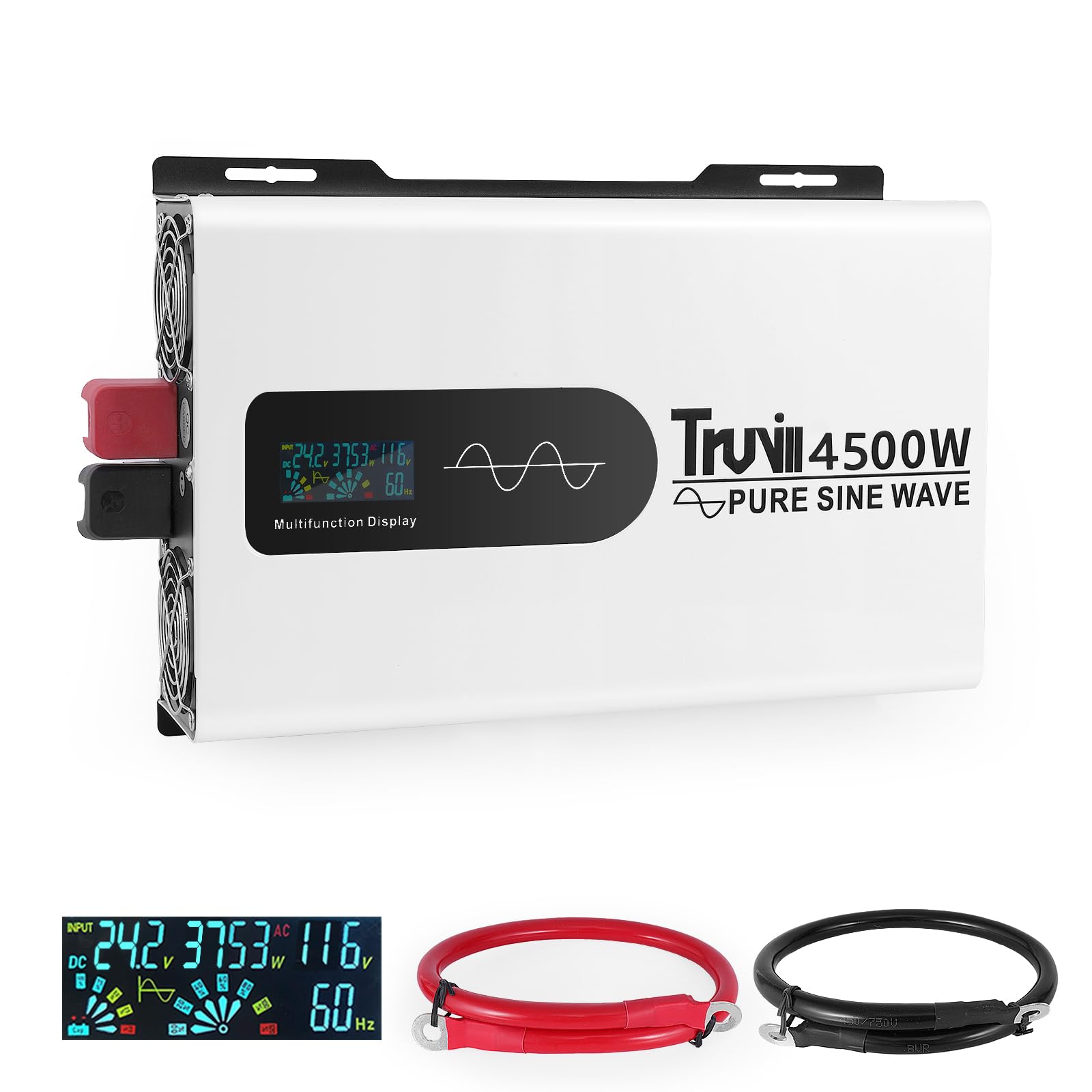 24V 4500W Pure Sine Wave Power Inverter with LED Monitor - 24V DC to 110V/120V, Solar/Off-Grid, Home/RV/Truck, Built-in AC Hardwire Ports