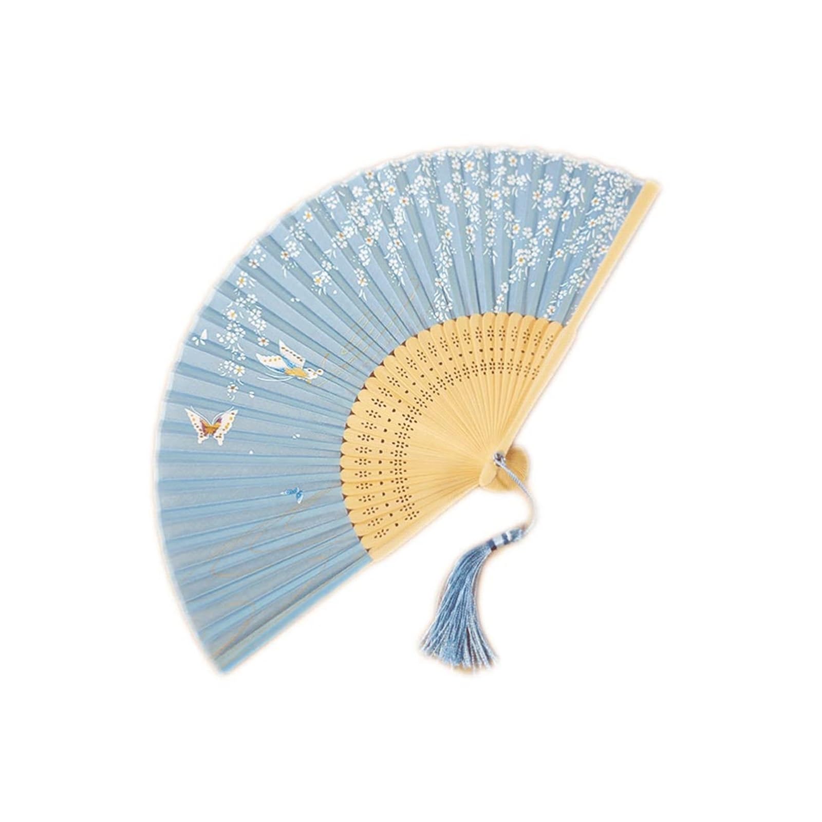 Folding Fans Chinese Vintage Silk Handheld Floral Hand Held With Tassel For Party Decoration(blue A) (blue A One Size)