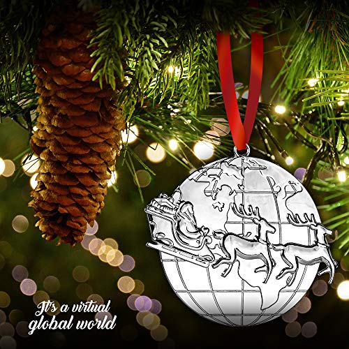 Klikel Santa Christmas Ornament - Silver Christmas Ornament - Santa Ornament - Santa Reindeer And Sleigh - Santa Ride Around The Globe - Silver Ornament With Red Ribbon And Gift Box #TOP4