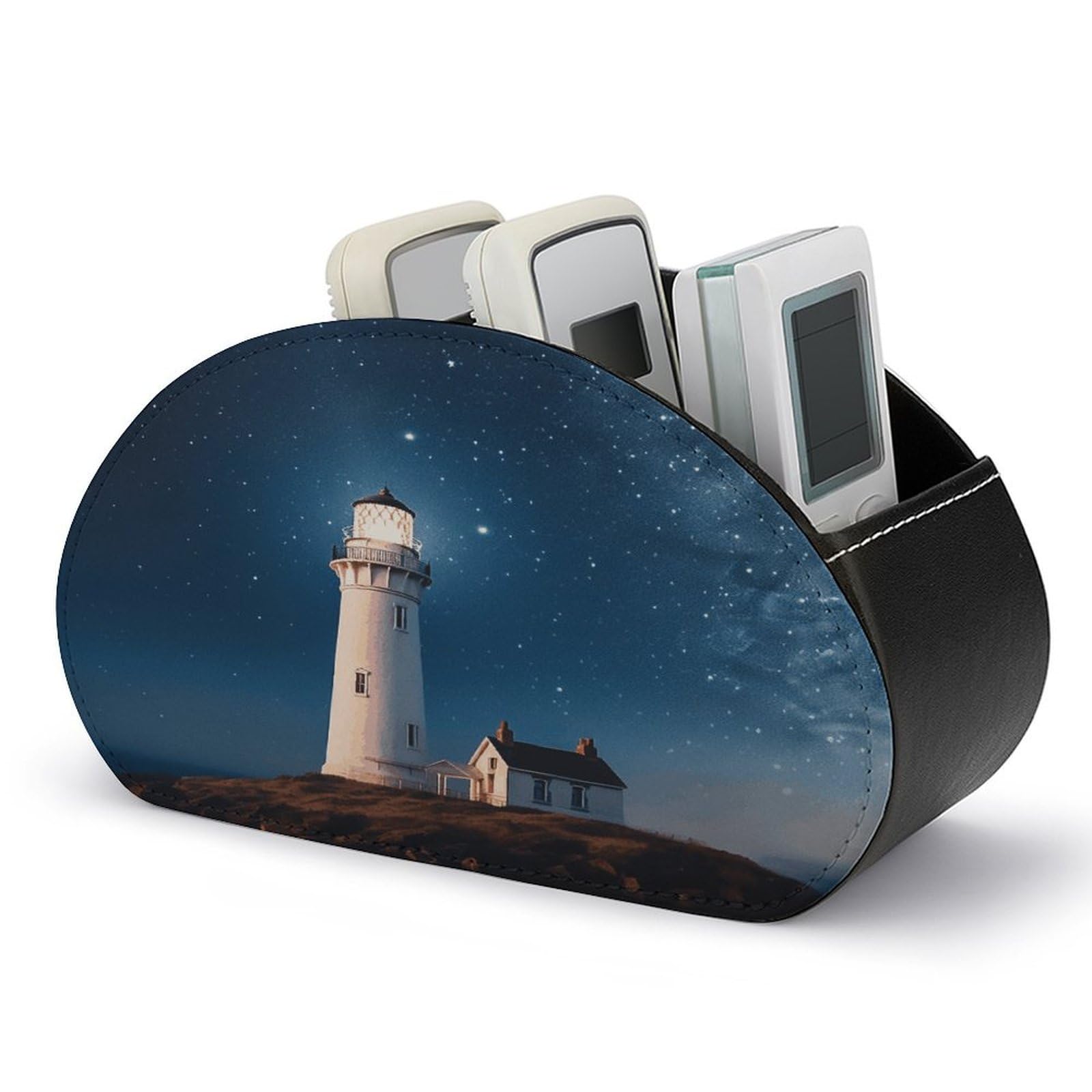 VstaDank Lighthouse Under Starry Night Sky Remote Control Holder with 5 Compartments Pu Leather TV Remote Caddy Storage Box Desktop Organizer Store Controller DVD Brush Pens Glasses&Office Supplies