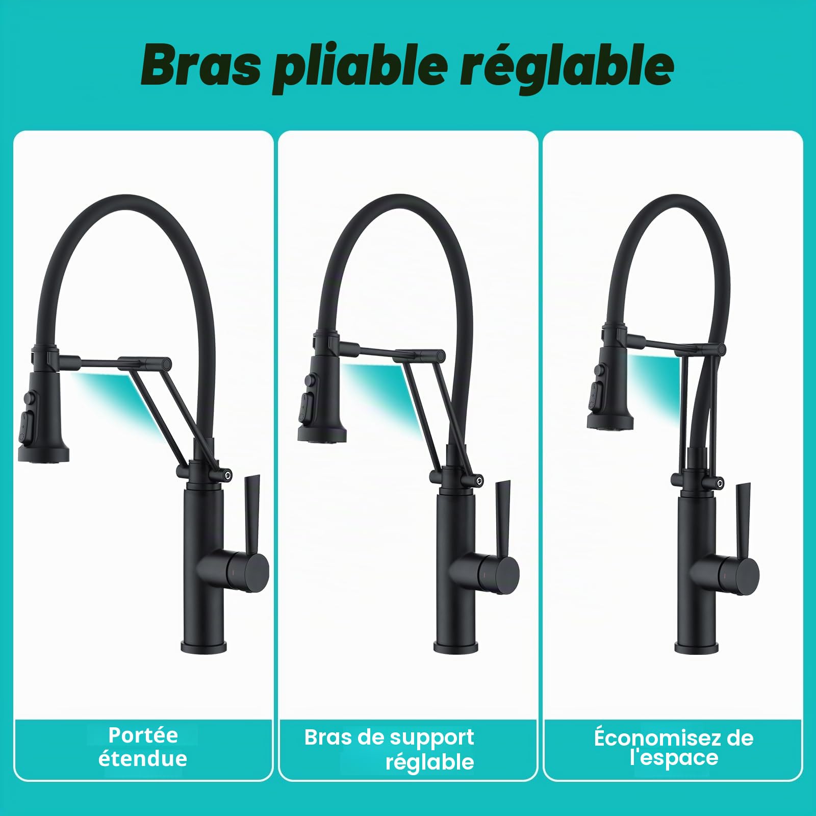 CREA Robinet de Cuisine avec Douchette Rabattable, Mitigeur Monocommande Robinet Évier de Cuisine Haute Pression avec Aimant Rotatif à 360° en Acier Inoxydable Mat Noir