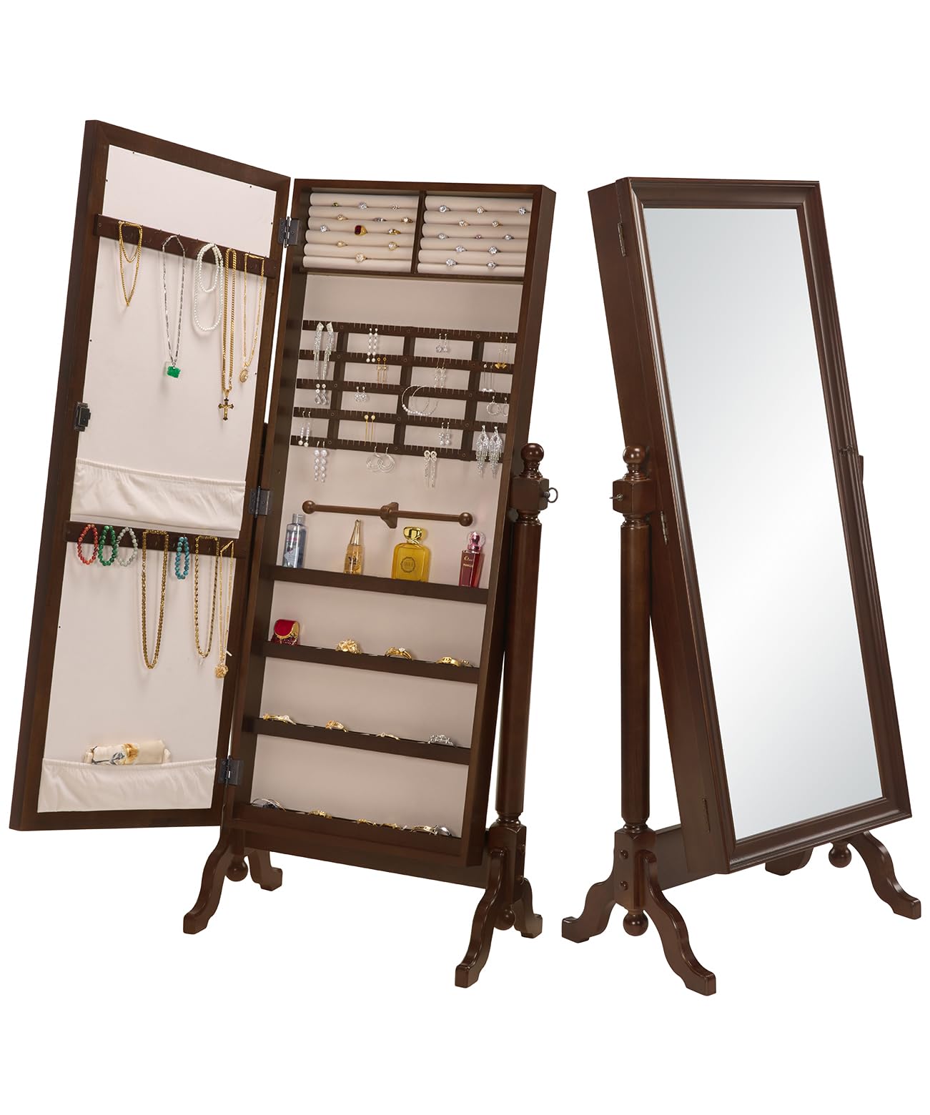 jewelry armoire cabinet standing full length mirror with jewelry storage, lockable 5 adjustable angles jewelry mirror cabinet women (walnut, 17.56 "d x 26.26" w x 61.53 "h)