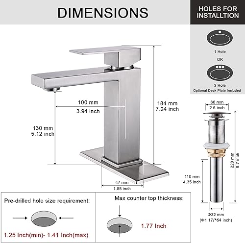 Miniatura 3 de AVSIILE Grifo de baño de níquel cepillado, grifo de baño de tocador de un solo agujero, grifo de baño moderno de acero inoxidable para fregadero, 1