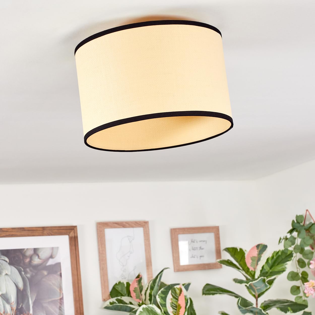 HOFSTEIN Lámpara de techo Chellas, lámpara de techo de metal/papel trenzado/tela en color negro/natural, lámpara de diseño bohemio moderno (diámetro 35 cm), E27, comedor, salón, dormitorio, cocina