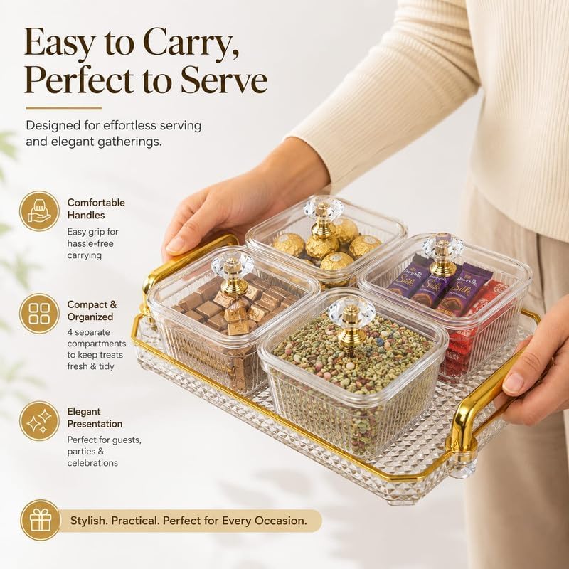 Image of Airtight Dry Fruit Container Tray Set with Lid | Candy Serving Tray With 4 Bowls - Snack, Nuts, Chocolates & Mukhwas | Multi-Function Storage Box| Acrylic Serving Dishes Box| Diwali & Wedding Gift Box