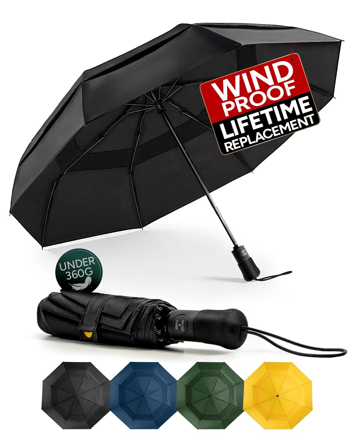 Chakipee Compact Travel Umbrella Windproof Strong- Automatic Folding Umbrellas for Wind and Rain, Double Vented Canopy 210T Fabric 106cm Span - 8 Ribs Portable Umbrella for Men and Women Black