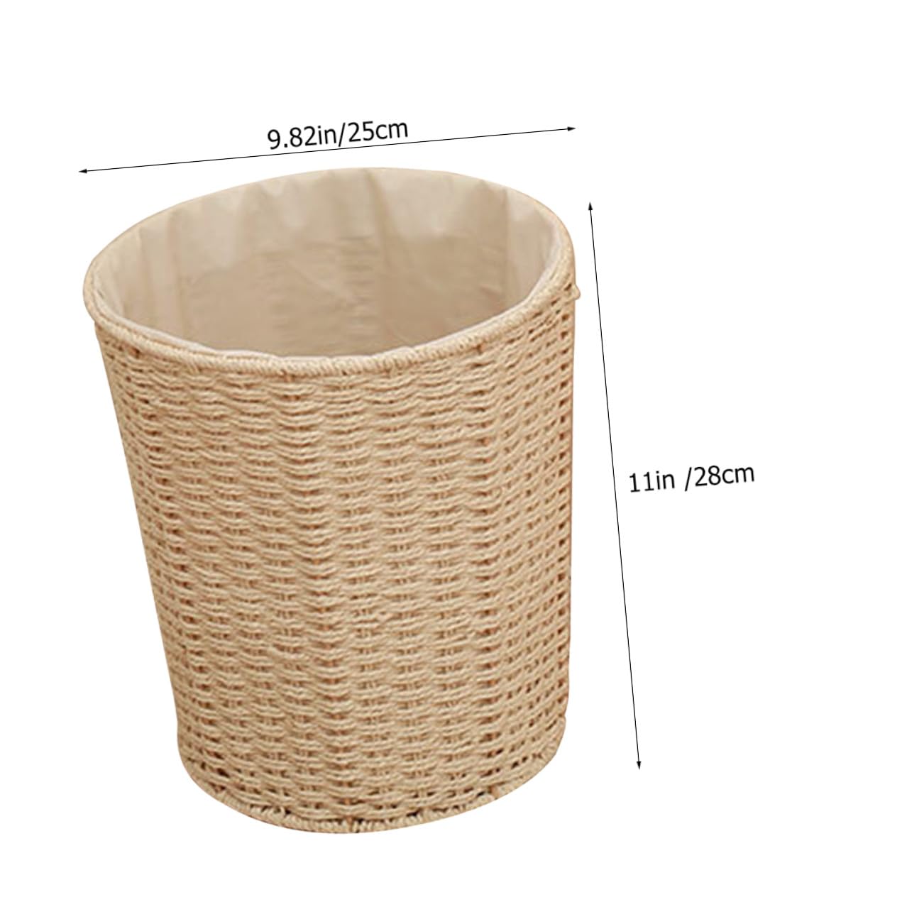 Woven Rattan Trash Can with Liner, Beige Sundries Storage Basket for Kitchen, Living Room, Bedroom, Home Wastebasket, Compact Waste Paper Bin Style