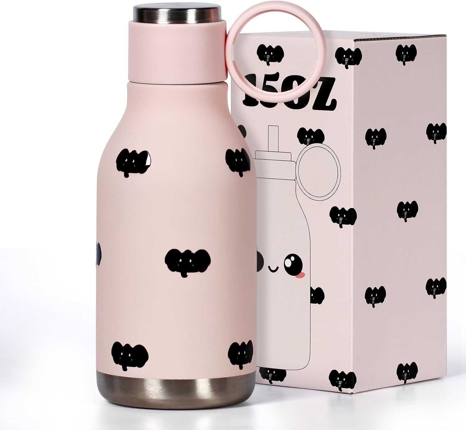 Kids Insulated Water Bottle with Straw, 450ml/15oz BPA-Free Double Wall Vacuum Tumbler 18/8 Stainless Steel Leak Proof Kids Cups for School Travel Boys Girls (Pink Elephant)