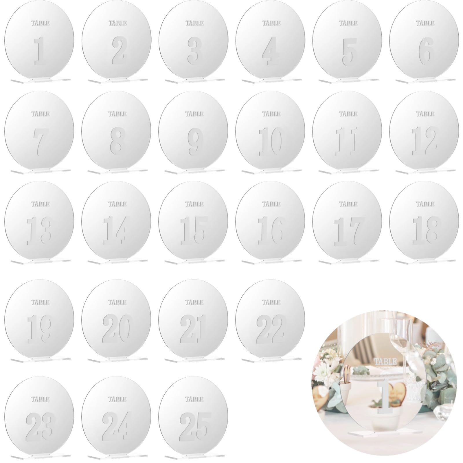 PONDON Tischnummern für Hochzeiten, 1 bis 25 Stück, Acryl-Tischnummernschilder mit Ständer, 12,2 cm, rund, spiegelnd, silberfarben, Tischschilder mit Haltern, Tafelaufsatz, Dekorationen für Hochzeiten