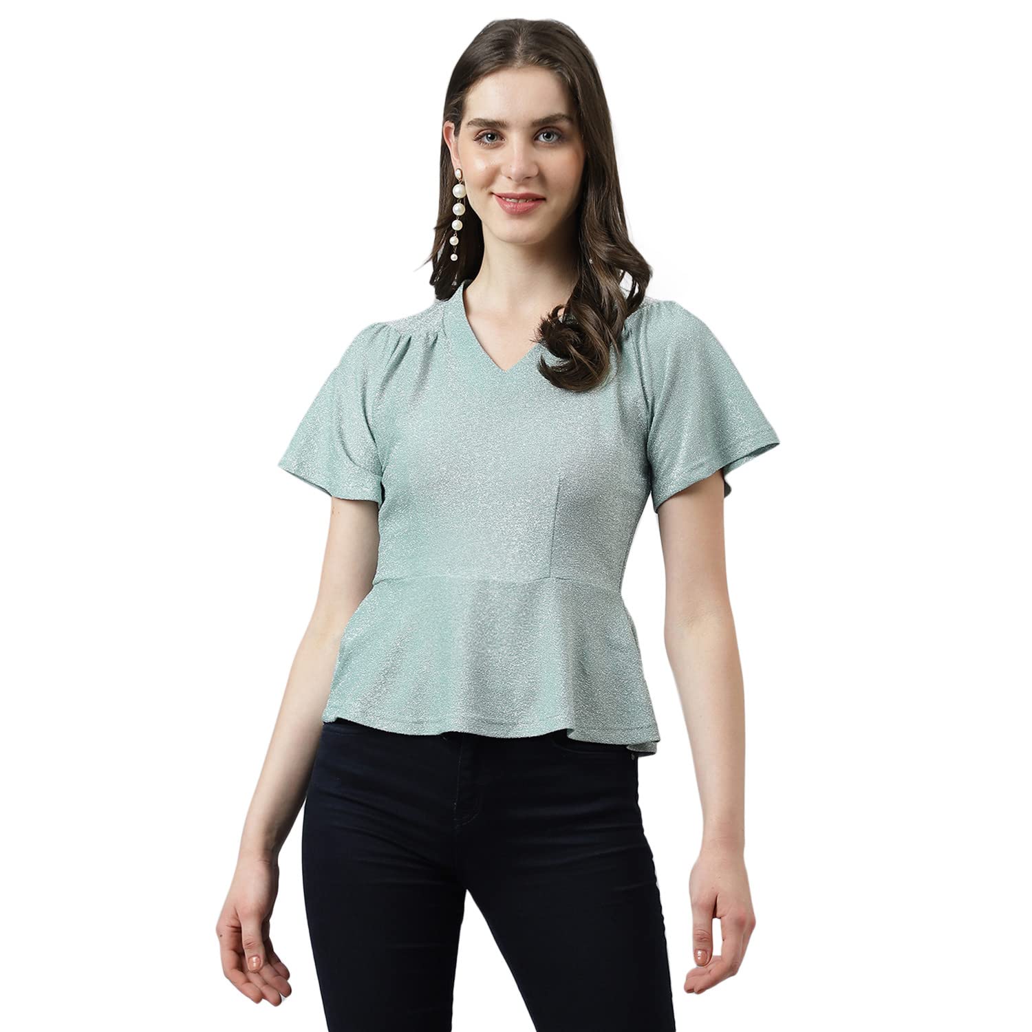 Latin Quarters Women Green Peplum Top with V Neck & Short Sleeves-image-20