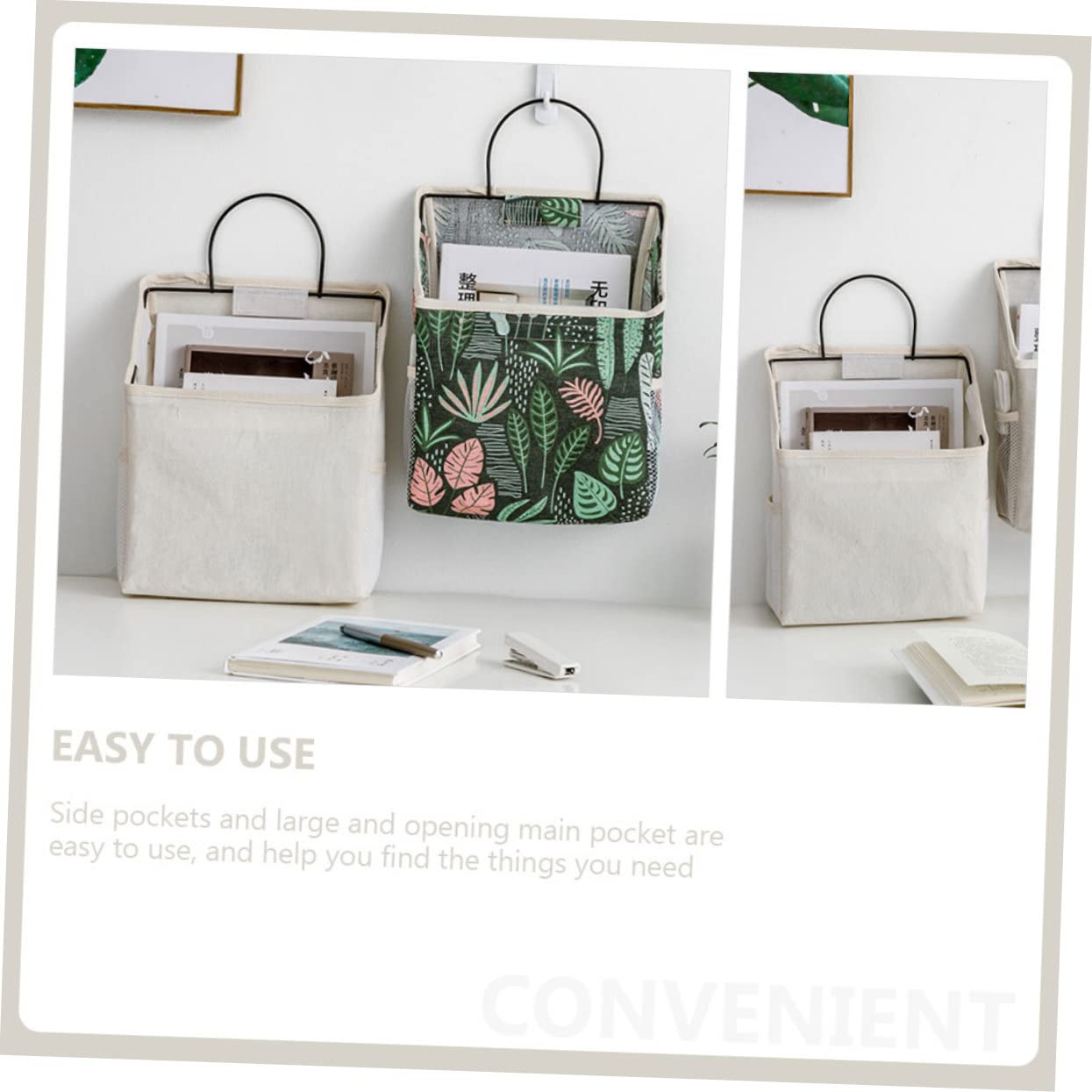 Borsa Organizer da Appendere per Porta Bianca 2 Pezzi | Tessuto di Cotone , Tasche Laterali e Scomparto Principale Ampio , Uso Domestico per Posta e Gioielli