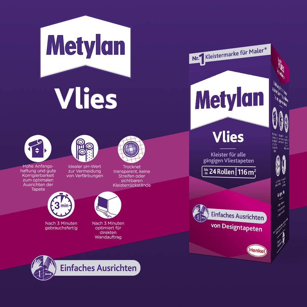 Metylan Vlies, Tapetenkleister für Vliestapeten, Kleister mit hoher Ergiebigkeit (1x720g) & Metylan Tapetenablöser Aktiv-Konzentrat, löst schnell und problemlos (1x 1l)