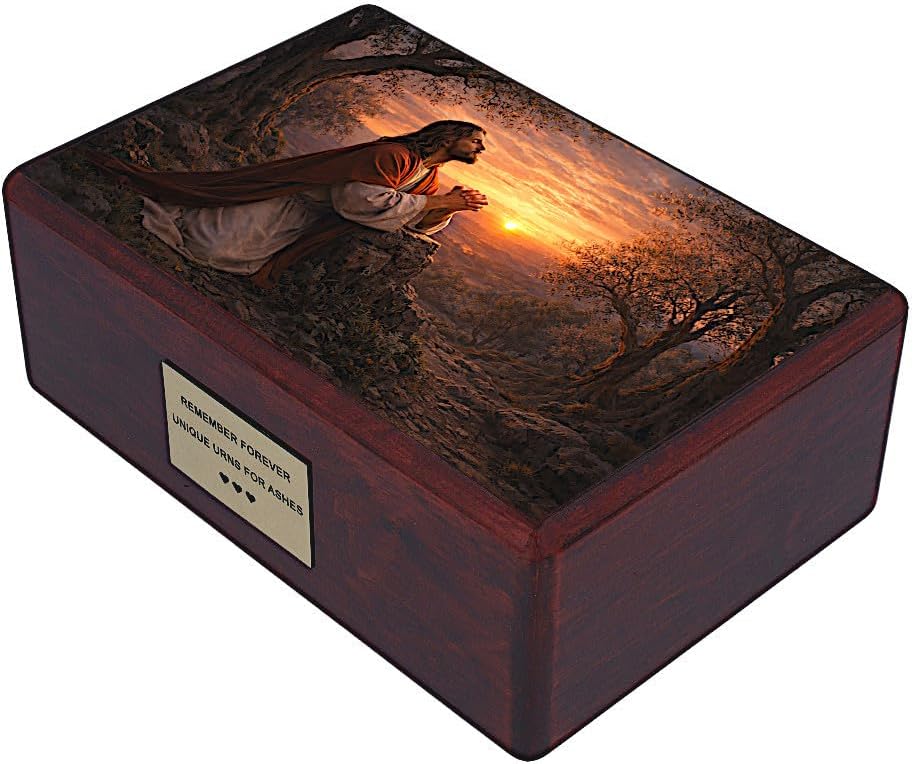 Catholic Cremation Urn for Adult Ashes with Jesus Praying in Gethsemane – Wooden Memorial Urn for Human Ashes, Religious Funeral Urn