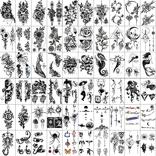 60 Sheets Temporary Tattoos For Kids Adults Men And Women,Tiny Fake Tattoos Stickers Flower Marine life skull universe Scorpion snake,Hand Wrist Neck Decoration 3D Realistic Black Temp Tatoos.
