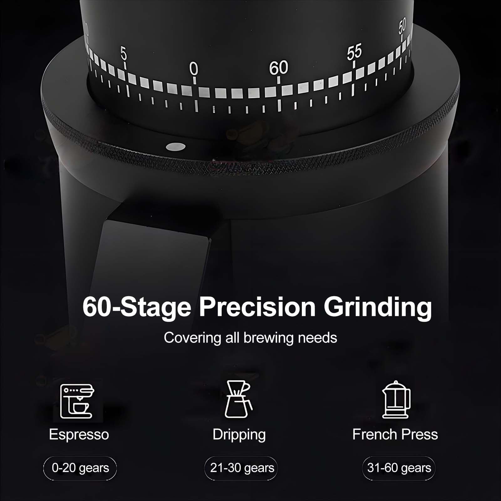Molinillo De Café Sin Atascarse, Muelas CóNicas De 48 Mm Y 7 Estrellas De Alto Torque, Muele Granos Verdes Y Tueste Ligero, 60 Ajustes Regulables, AntiestáTico Y FáCil De Limpiar.