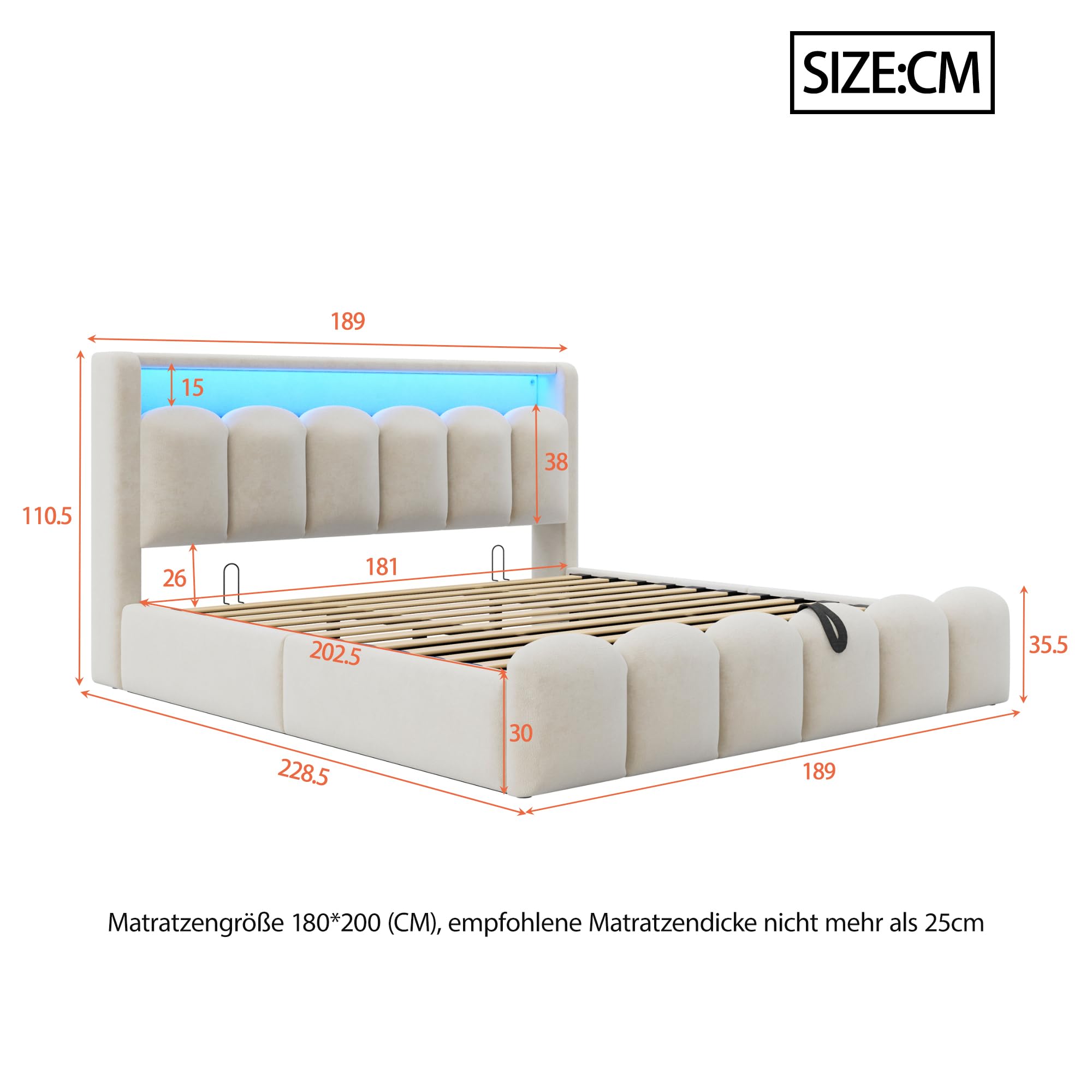 Sapgaks Lit 180x200 avec Sommier LED et USB C, Lit Coffre 180x200 avec Rangement et Tete Réglable, Capitonné Double avec à Lattes, Rembourré 2 Personnes Cadre de Velours(sans Matelas)