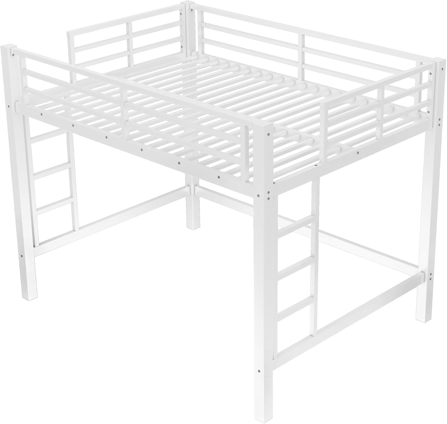 Bellemave Full Size Metal Loft Bed Frame with 2 Ladders, High Guardrail & Sturdy Iron Construction, Space-Saving Adult Loft Bed for Dorms, Safe for Kids, Teens, No Box Spring Needed, White