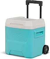 Vista 9 de Igloos Cooler Hard-Sided Ice Chest, Portable Insulated Cooler with Wheels, Telescoping Handle, Cool Riser Tech, Leak-Resistant Aguamarina