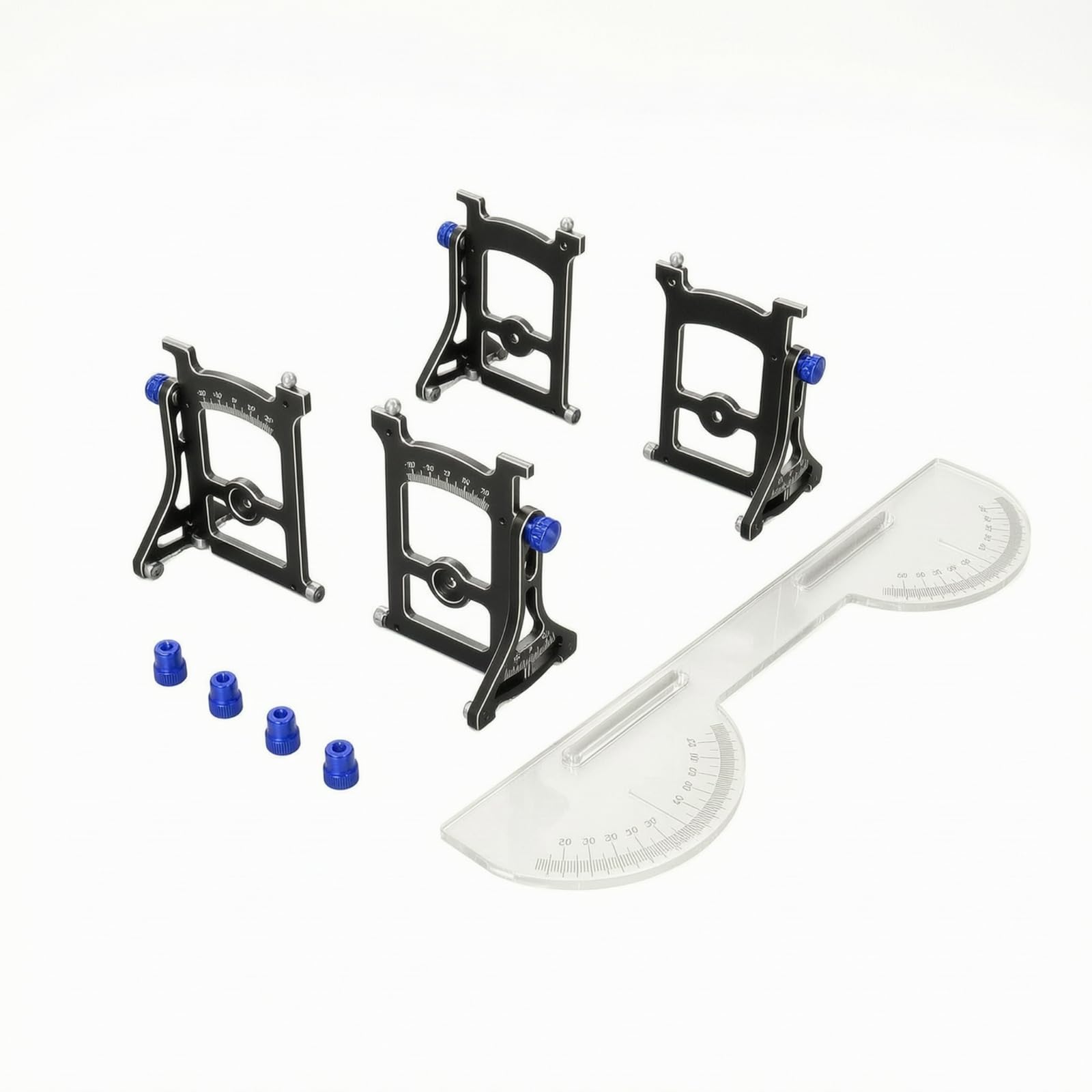 harayaa Calibratore Veicoli in 1/10 Strumento Telaio RC Misuratore Angoli Ruota con Piastra Trasparente Supporti Metallici Regolazioni Rapide Adatto a, Blu, Set Completo