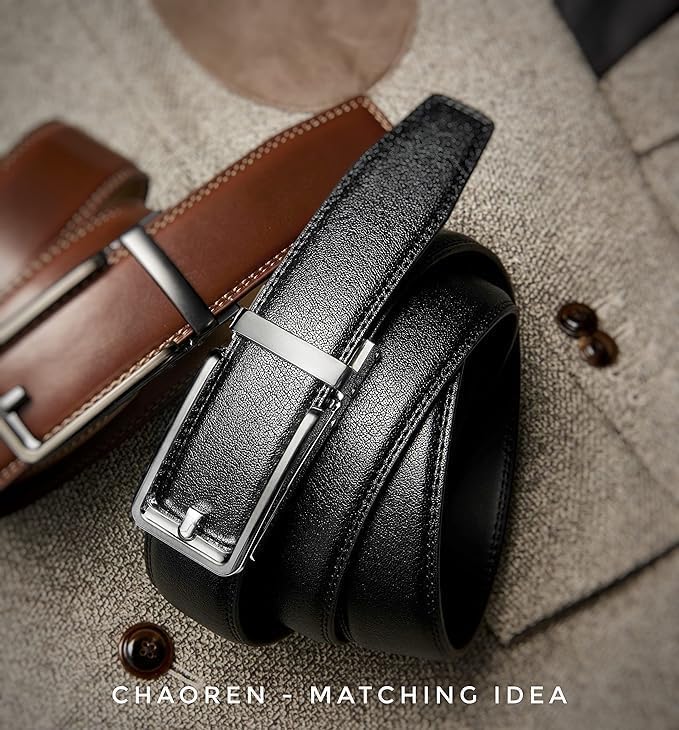 Image of CHAOREN Click Belts for Men 2 Pack - 1 3 /8 inch Leather Ratchet Belt | Trim to Fit, Gift Box, Micro-adjustable, Scratch Resistant Buckle, Formal Suits, Dress Pants, Casual Jeans, Golf