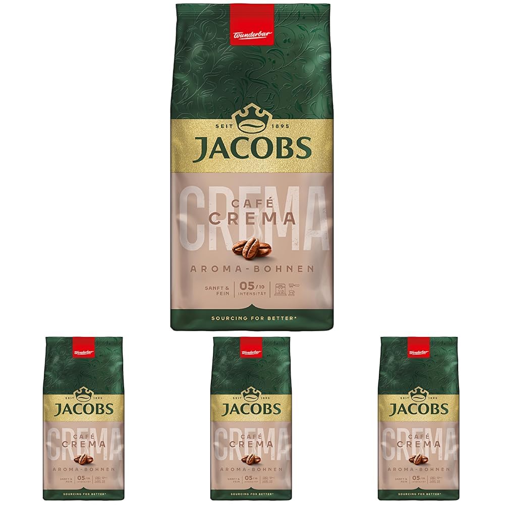 Jacobs Café Crema Aroma Bohnen 500g – Sanft & Fein, Nussig, Arabica & Robusta Bohnen, Intensität 5/10, ideal für milden Kaffee (Packung mit 4)