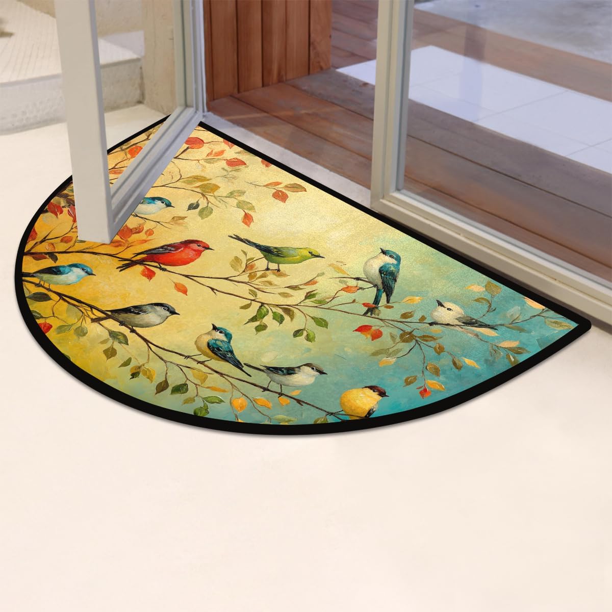 cfpolar Half Round Door Mat, Bird Animal Leaves Semicircle Door Mats Non Slip Area Rugs Soft Outdoor Doormat Shoe Scraper for Front Door Entrance Garage Patio High Traffic Areas