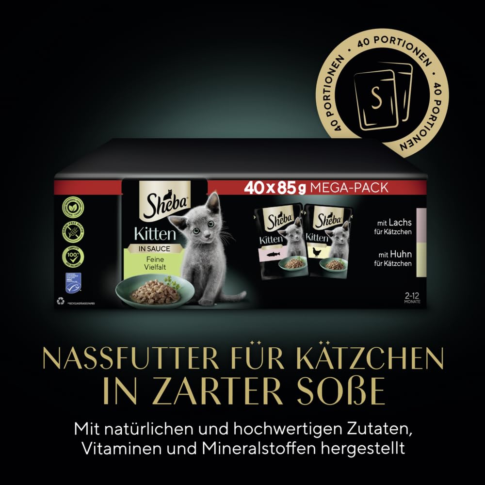 2x40x85g Sheba Katzenfutter Nassfutter Kitten Feine Vielfalt in Sauce Portionsbeutel Lachs Huhn Alleinfuttermittel für heranwachsende Katzen - Tiernahrung