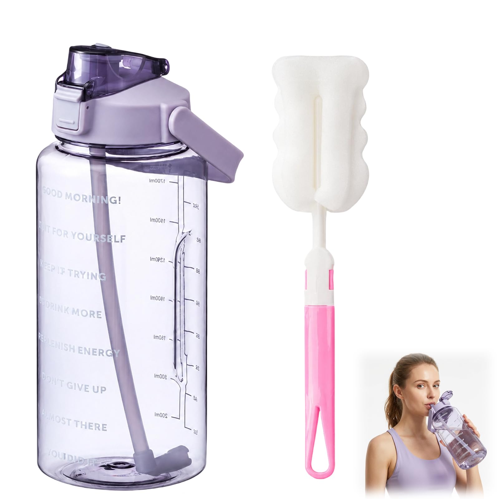 2L Sports Water Bottle with Straw, Clear Leakproof Design, Time Markings