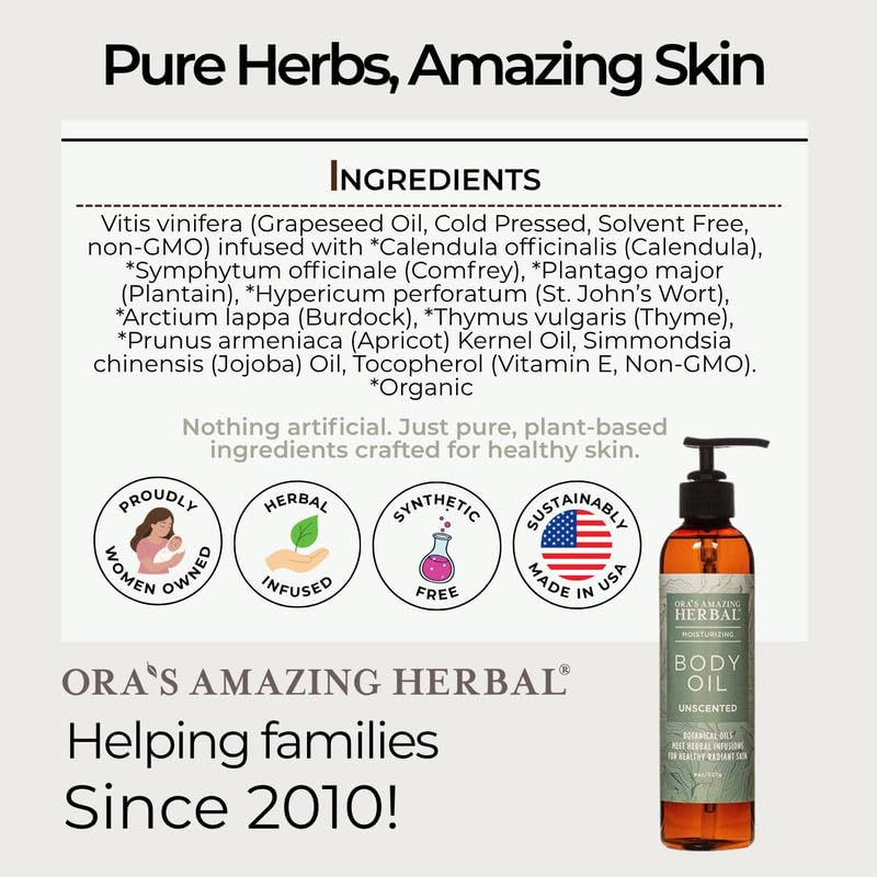 Ora's Amazing Herbal Unscented Body Oil, Fragrance Free Massage Oil with Pump, Moisturizing Body Oils for Men and Women, Herbal Infused Grapeseed Jojoba & Apricot with Calendula, 7.5 Fl Oz - Image 5
