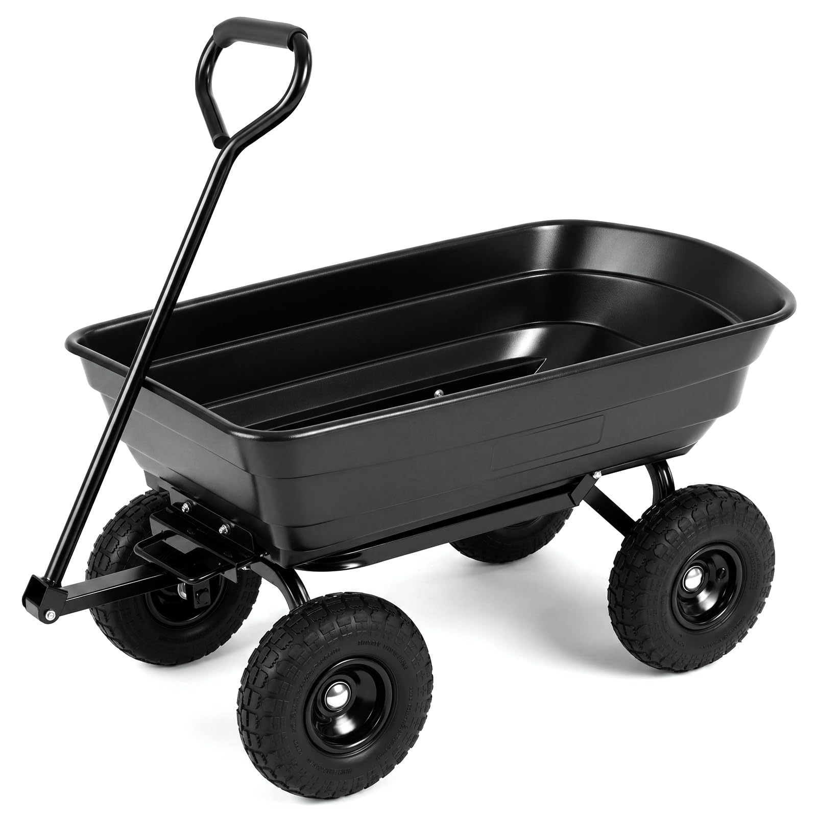 COSTWAY Chariot de Jardin avec Benne Basculante 75 L, Brouette de Transport avec Poignée Réglable 4 Grandes Roues Tout-Terrain Cadre Métallique, Charge 300 kg, pour Terrasse Camping Shopping