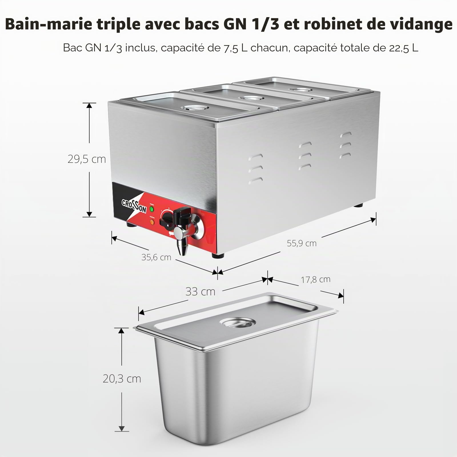CROSSON Bain Marie Electric Professional 1500 W Electric Bain Marie Stainless Steel with Tap, 3 x 1/3 GN Containers with Lid, Adjustable Temperature 30°C - 85°C