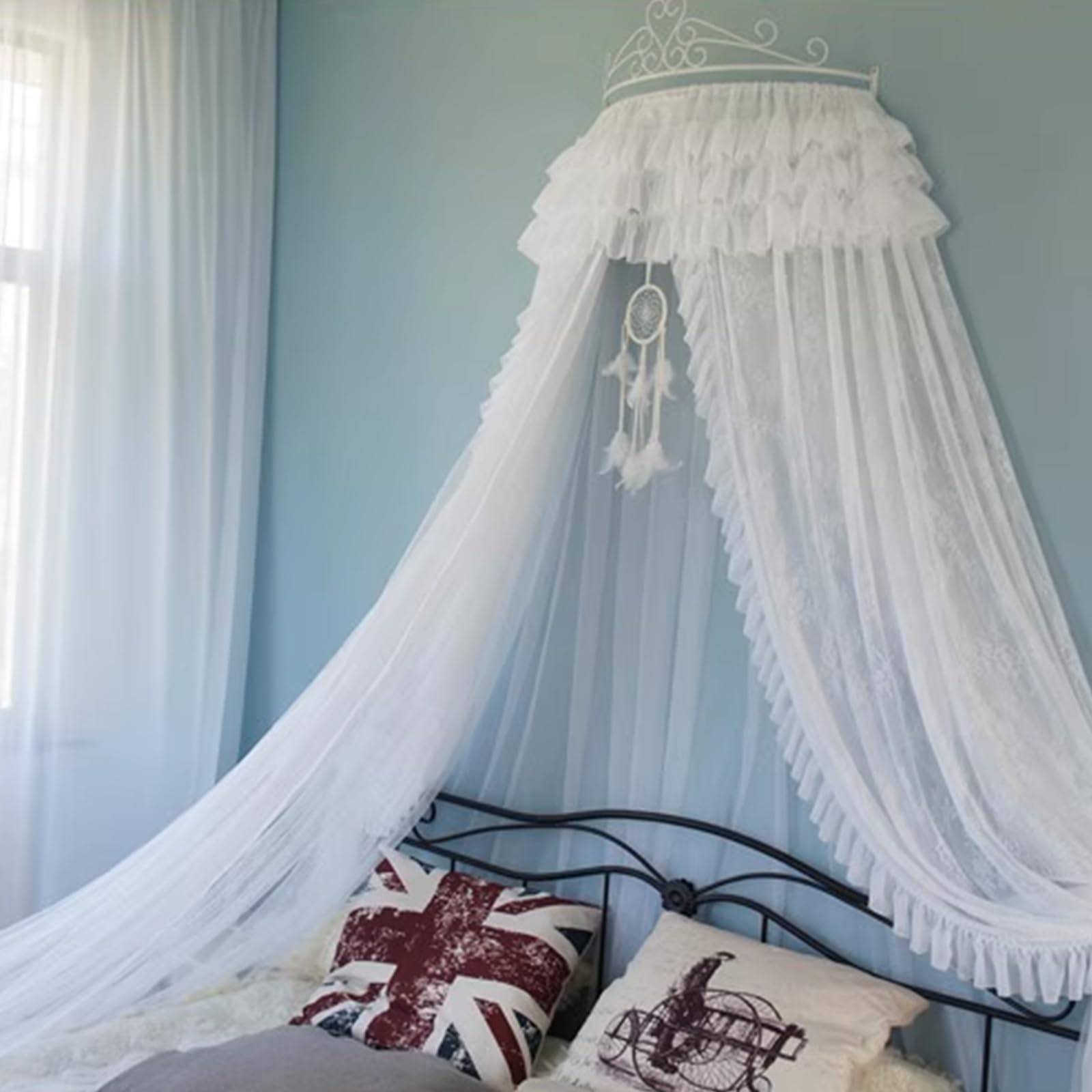 GJMSSMY Lace Bed Canopy, Wall Metal Crown Princess Bed Curtain Court Mosquito Net with Decorative Drapery, Double Layer Netting Reading Nook Canopies for Bedroom