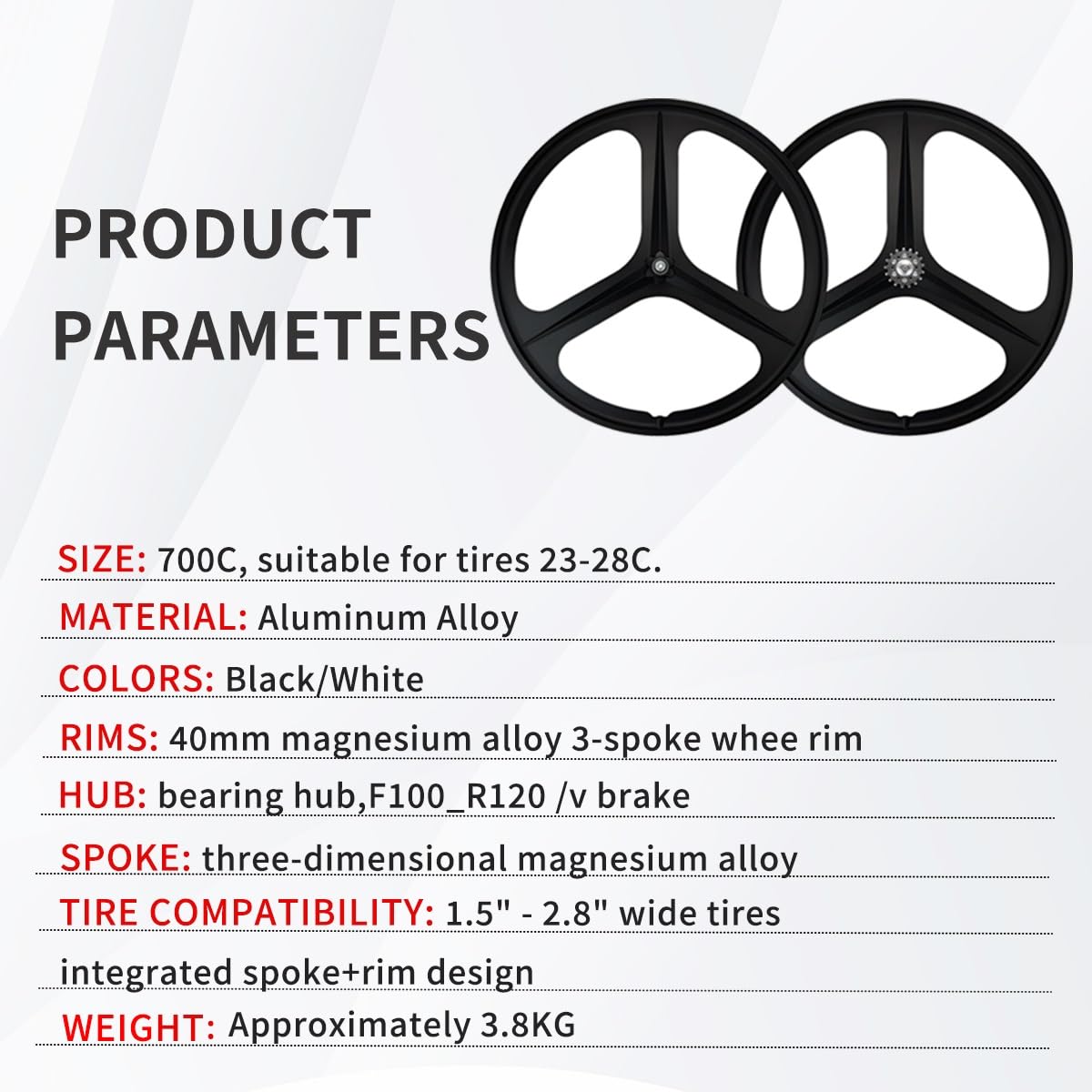 700C Fixed Gear zestaw z 3 szprychami, przednie i tylne koło, felga magnezowa, hamulec V, oś stała, felga 100/120 mm, piasty o szerokości 27 mm dla single speed.
