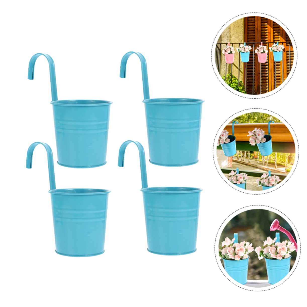 Kisangel Jardinière Balcon Suspendue en Fer, Pot de Fleur pour Balcon Crochet Amovible, Drainage et Ventilation, Lot de 4 pour Fleurs Sèches