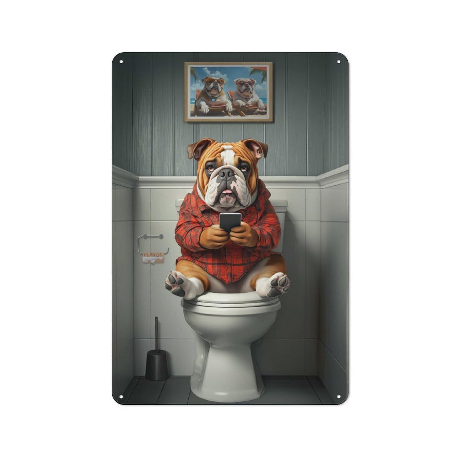 Junmoney Bulldog On Toilet With Smartphone Printed Metal Sign 30X20cm For Kitchen Or Home Bar, For Kitchen Decor Lovers, For Retro Home Interiors