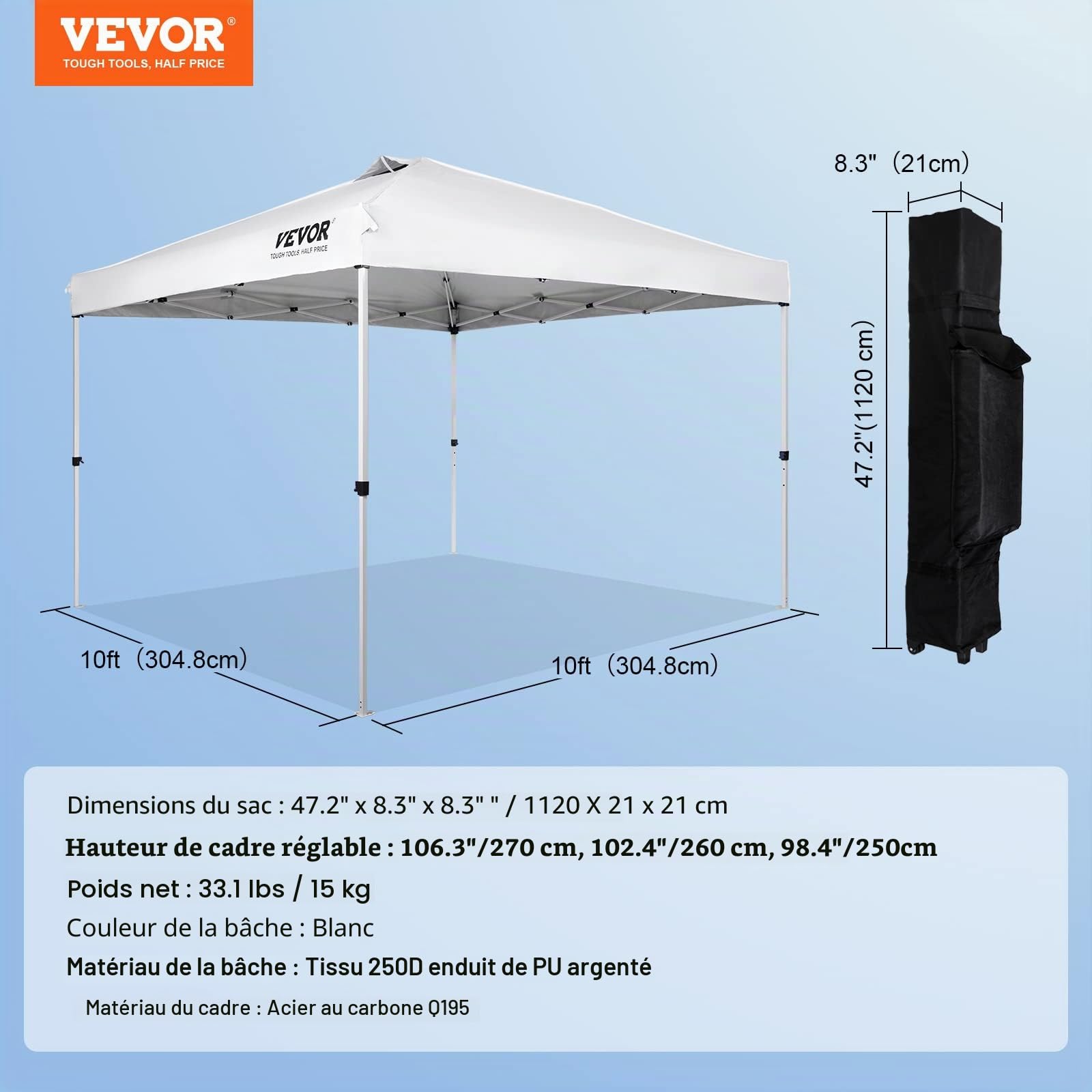 VEVOR Tonnelle Pop-up 304,8x304,8 cm Tonnelle Auvent Jardin Bâche Enduit Argenté PU 250D Sac à roulettes Portable 4 Sacs de Sable Abri Solaire Imperméable pour Plein Air, Plage, Fête, Camping, Blanc
