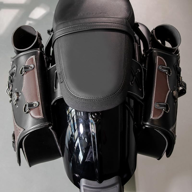 Alforja de sillín de moto de 30 l, de piel, impermeable, para moto con soporte para tazas, para Harley Davidson Sportster Dyna Softail, para Honda Shadow Rebel, para Yamaha Kawasaki Vulcan (B)