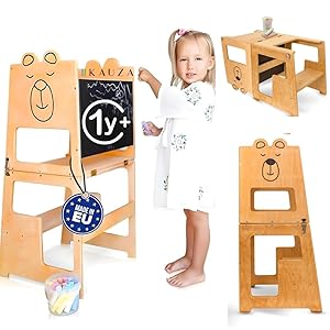 KAUZA Torre de Aprendizaje, Montessori 3 en 1 Plegable Taburete Antivuelco para Niños, Mesa para Pintar con Pizarra, Silla Multifuncional, Ayuda de Cocina, Aceite de Madera Natural, Capacidad 40 kg