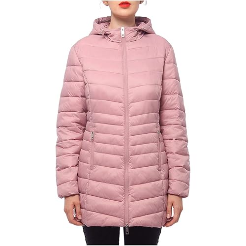 Rokka&Rolla Women's Lightweight Packable Puffer Jacket Water-Resistant Hooded Winter Long Coat