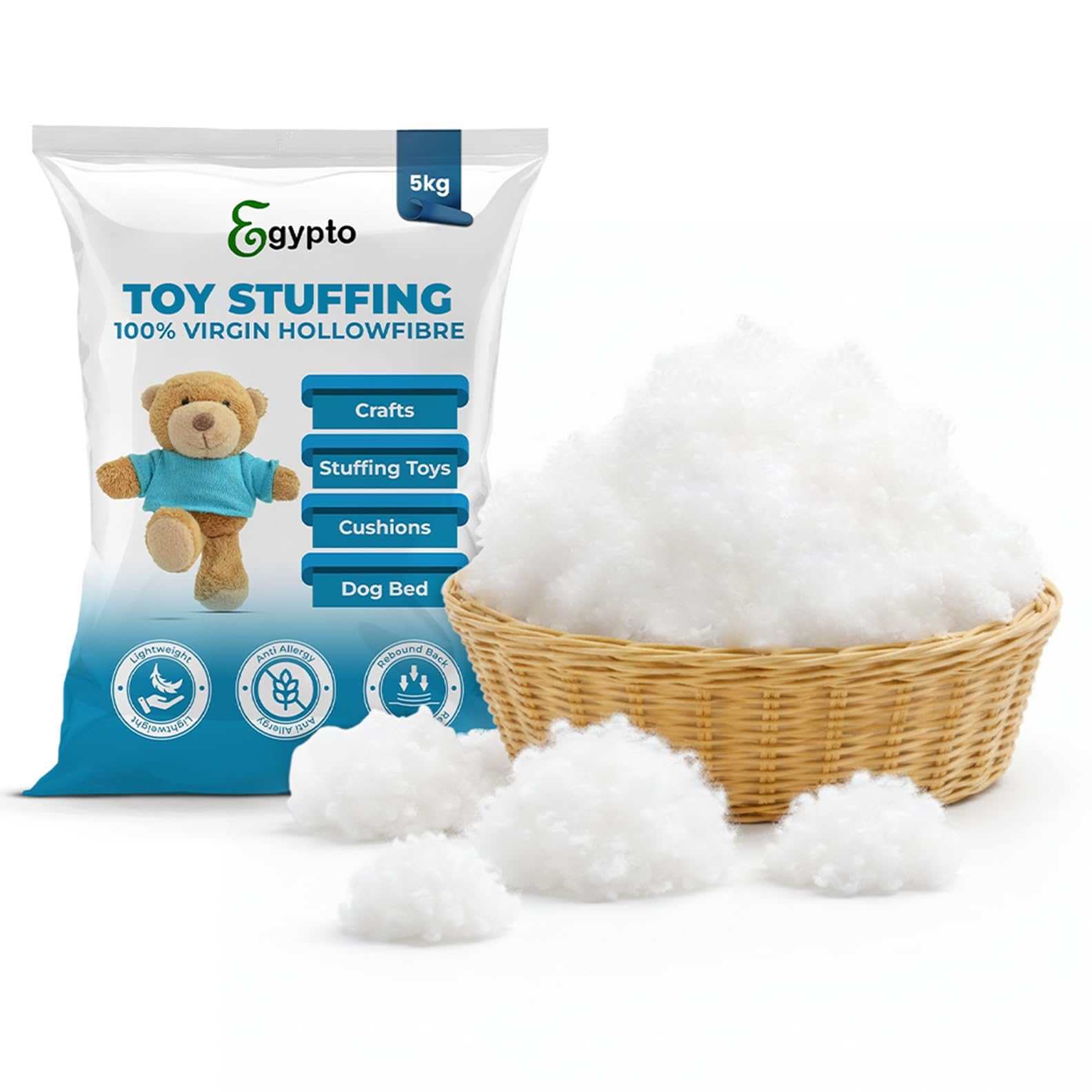 Egypto 5KG Toy Stuffing for Knitted Toys | 100% Virgin Hollowfibre | Soft, Hypoallergenic & Breathable Stuffing for Crafts, Crochet, Cushions & Pillows