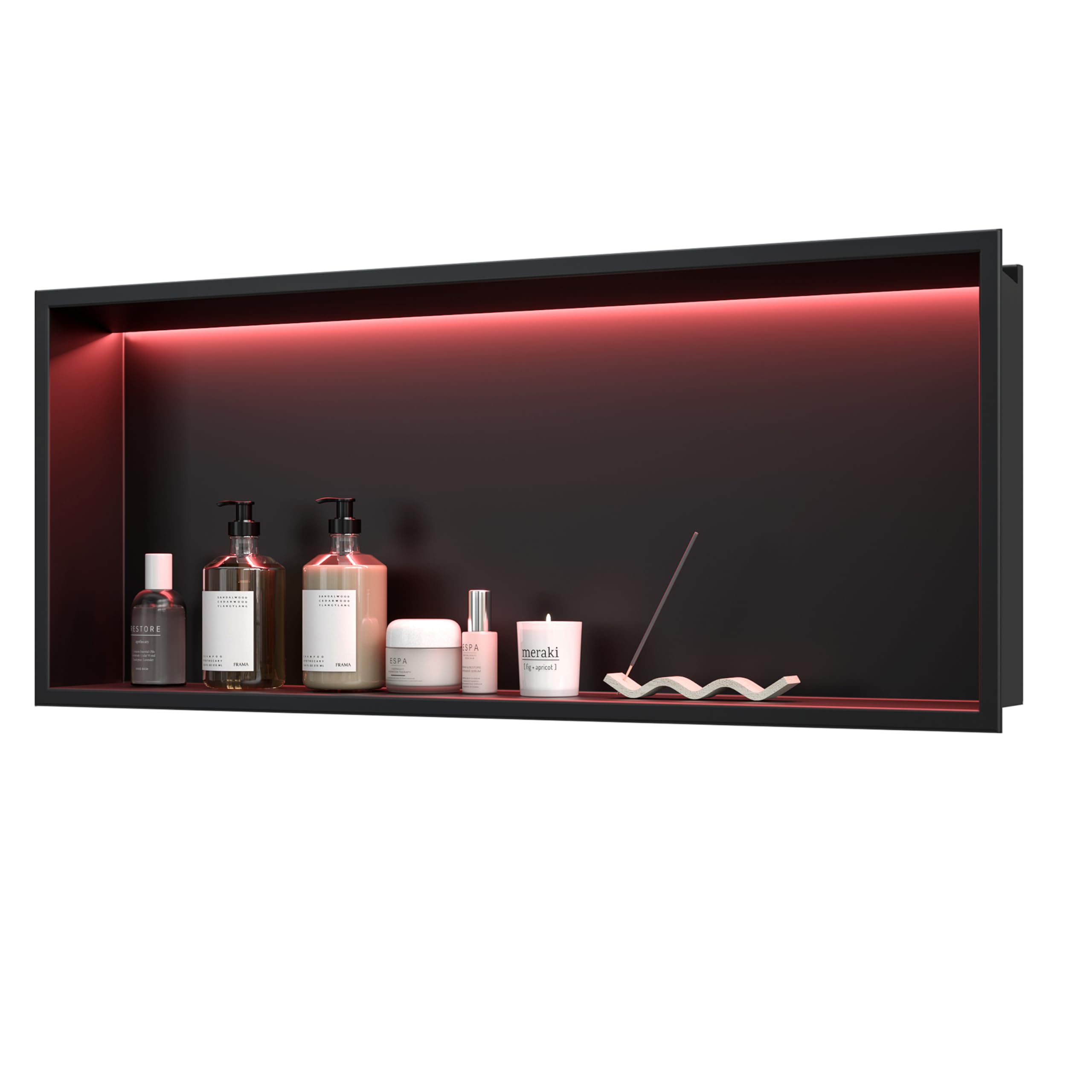 Qeke Stainless Steel Shower Niche with RGB Led Light, No Tile Needed Wall Niche, Recessed Shower Shlef for Bathroom Storage Over Mount Installation, 30x75 CM, Matte Black, Single Layer