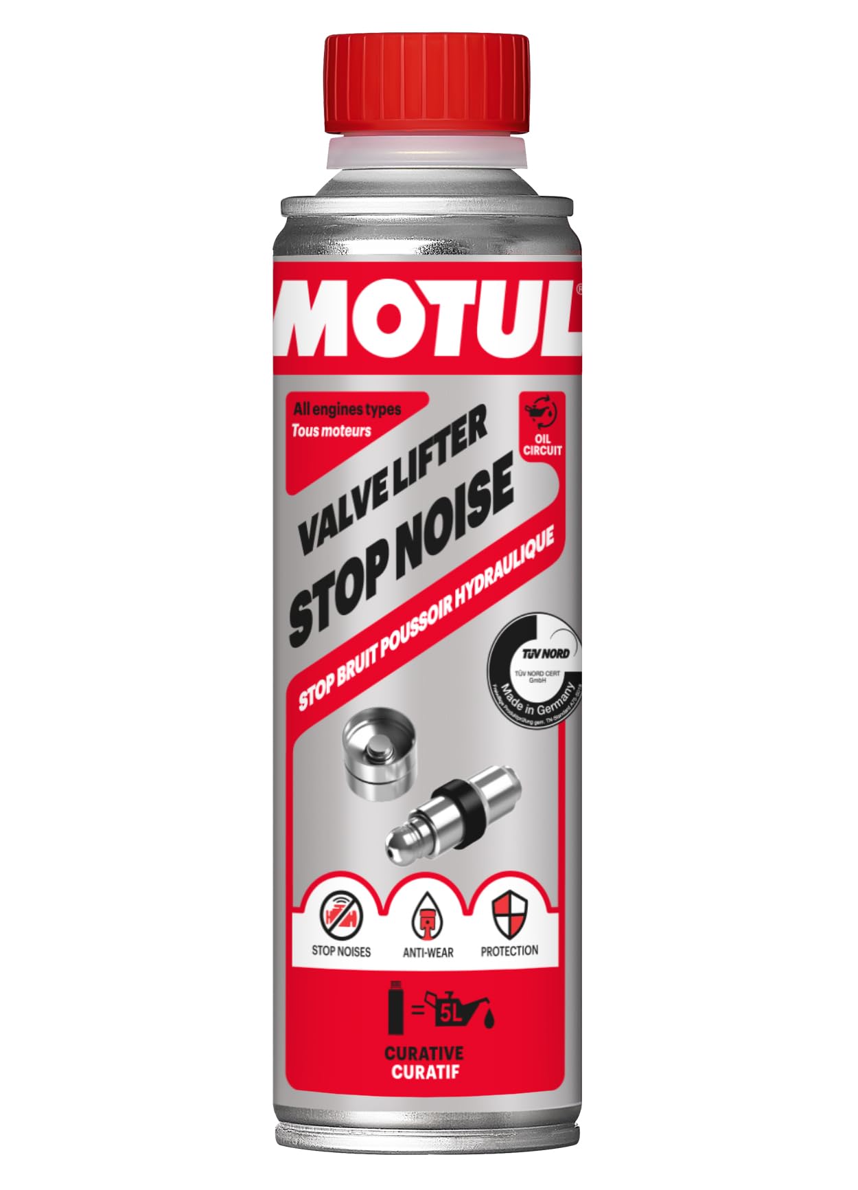 Motul - Stop Bruit Poussoir Hydraulique - Additif Curatif Pour Moteurs Essence et Diesel - Anti-Bruit et Anti-Usure - Amélioration des Propriétés de l'Huile Moteur - Valve Lifter Stop Noise - 300 ml