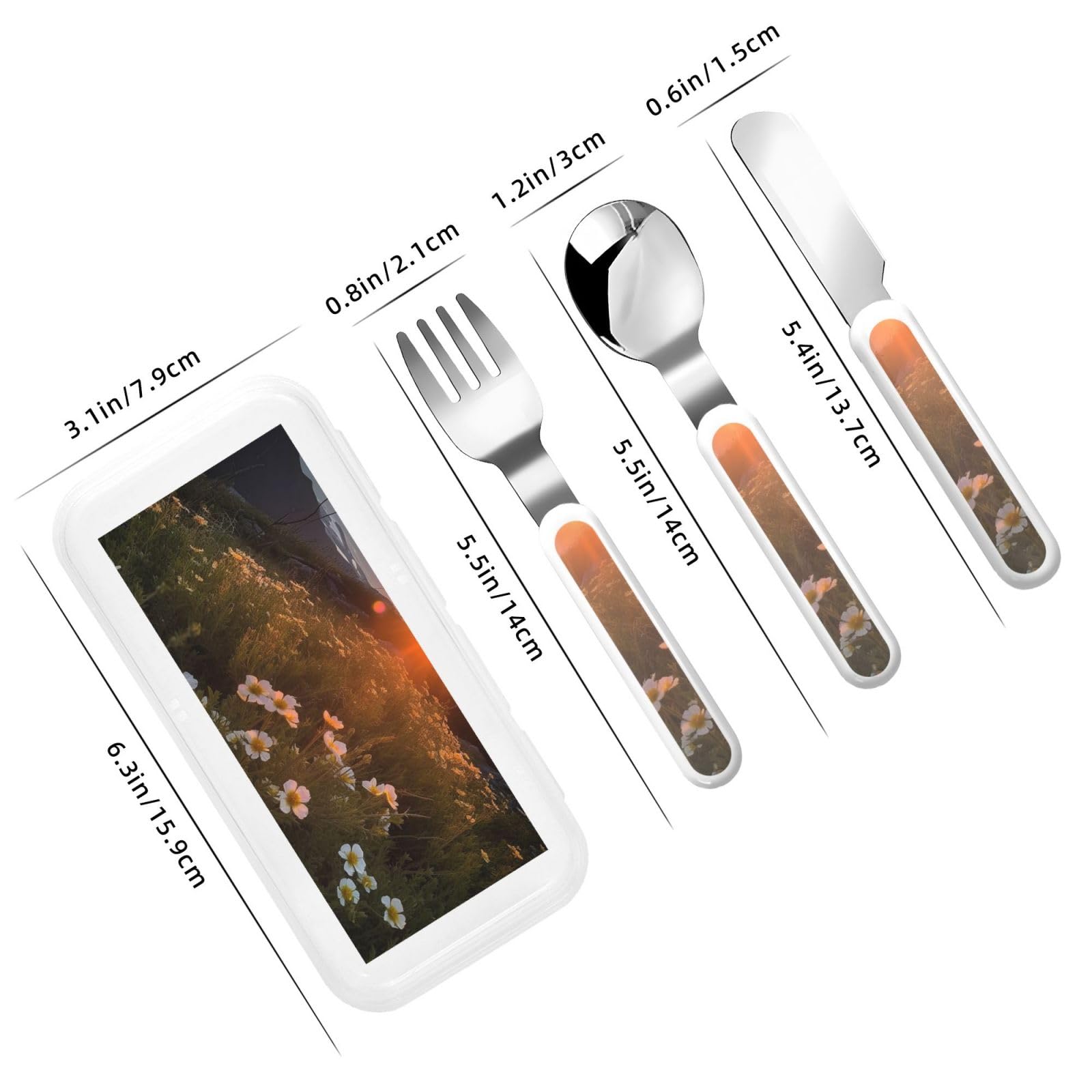 Stainless Steel Kids Silverware Set, Sunset And Flowers Utensil Set Reusable Children Safe Knife Spoon Fork Set With Storage Case Dishwasher Safe For Lunch, Travel Outdoors