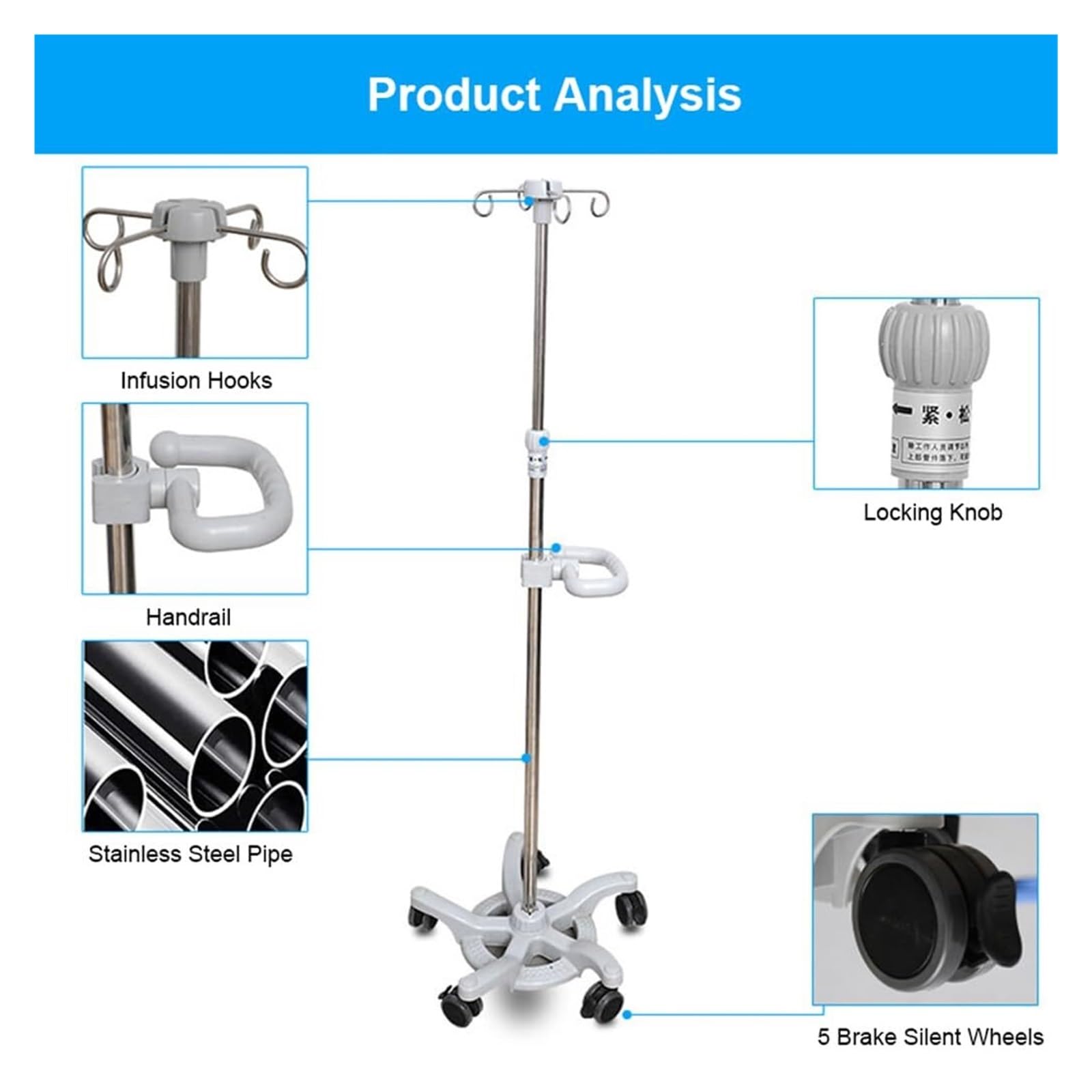 Carrello Porta Flebo con 5 Ruote Bloccabili e Maniglione Sicurezza - Regola Altezza 110-200cm in Acciaio Inox per Anziani e Assistenza Domiciliare - Supporto 4 Ganci per Sacche Fleboclisi