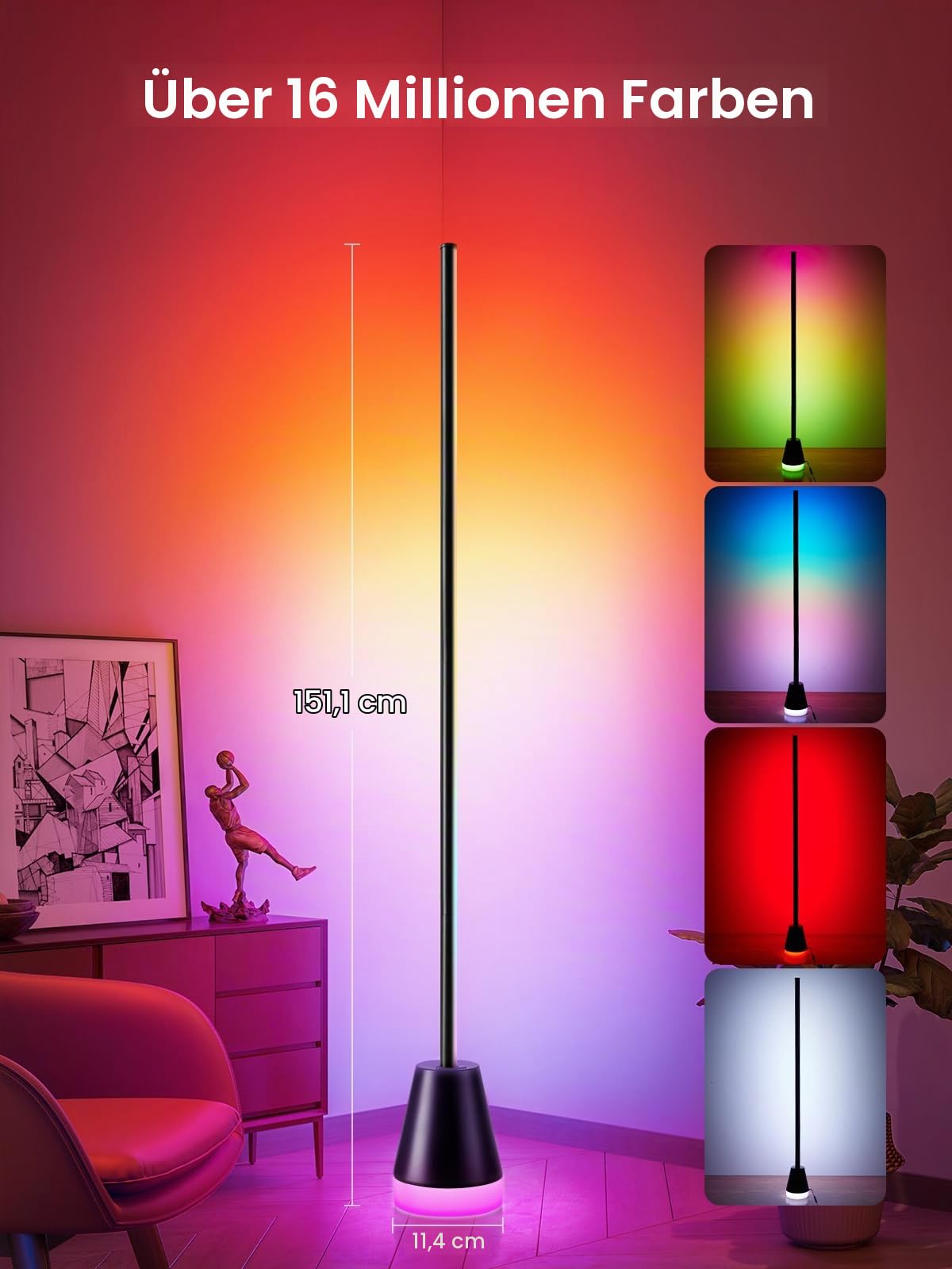 LED Stehlampe Wohnzimmer – 1700LM RGBICW Ecklampe, Dimmbar mit App-Steuerung, 16 Millionen Farben, 200+ Szenenmodi, Musikmodus & Timer, Perfekt für Wohnzimmer Deko, Schlafzimmer, Spielzimmer