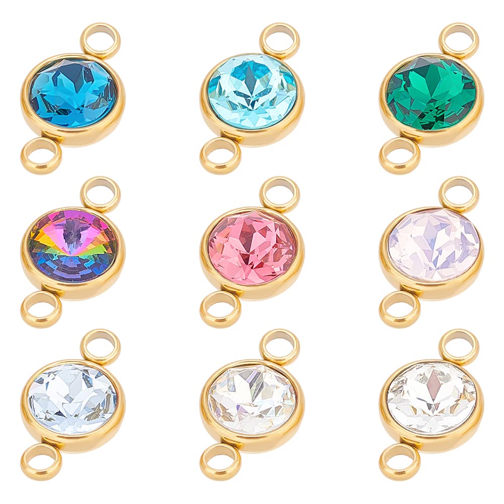 about 9pcs 9 Colors Glass Connector Charms 17.5mm Flat Round Stainless Steel Crystal Link Charm Rhinestone Diamond Linking Charm Connectors for Jewelry Making