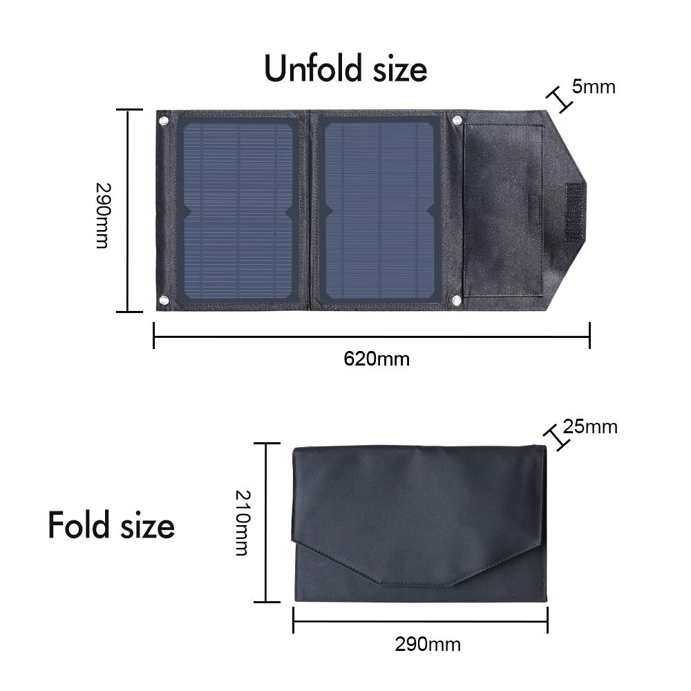 XINPUGUANG Cargador Solar 14W Portátil Dual USB Exterior Panel Solar Plegable 5V 3A Salida para teléfono, Tableta, cámara, Banco de energía, Ventilador, Camping, Carga de Viaje (Negro)