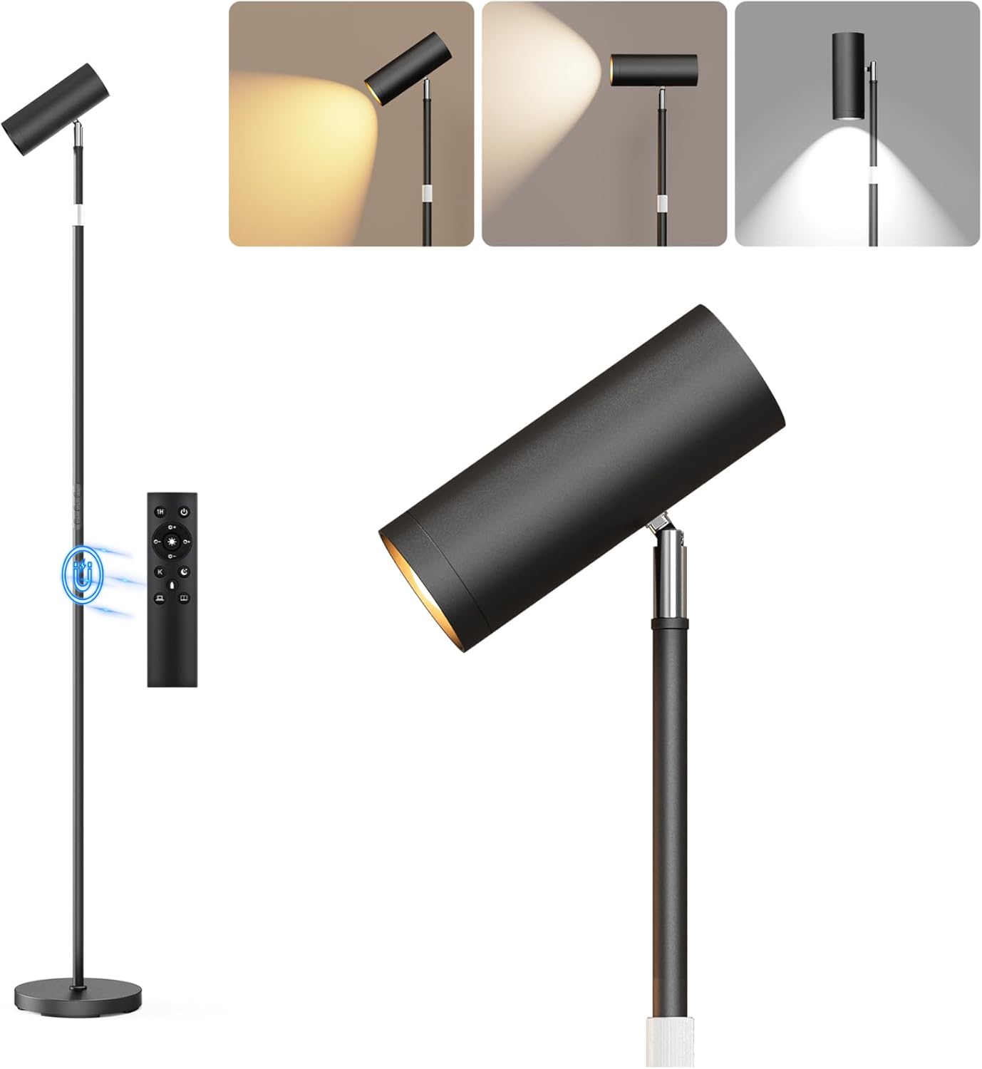 Spotlight Floor Lamp, Tall LED Standing Lamp with Remote/Touch Control, 2700K-6500K, 350°Rotating Head Standing Lamp, Reading Floor Lamp for Living Room, Bedroom, Office & Wall Art, Black